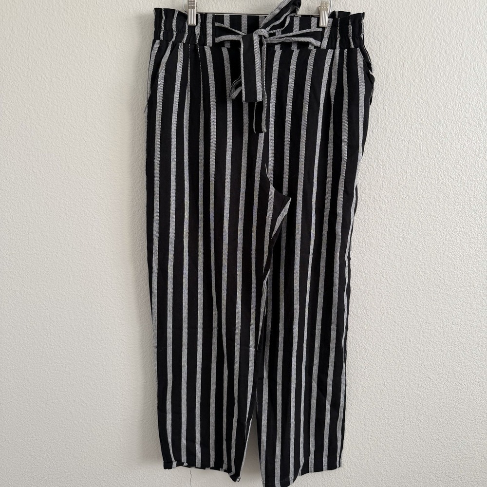 Women's 1X XL Linen Blend Pants Pull-On Black Striped Pockets
